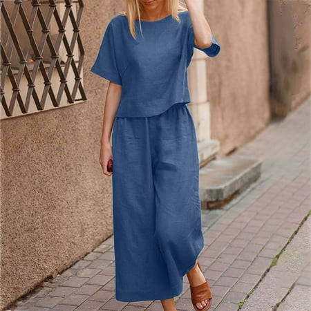 

Miluxas Women s 100% Cotton Linen Lounge Set Short Sleeve Top Pajamas Wide Leg Pants Loungewear Outfits Clearance S-4XL Navy 16(XXXXL)
