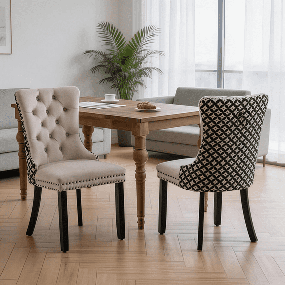 Wanling Velvet Dining Chairs Set of 2, Upholstered High-end Tufted Dining Room Chair with Nailhead Back Ring Pull Trim Solid Wood Legs, Nikki Collection Modern Style for Kitchen, Beige