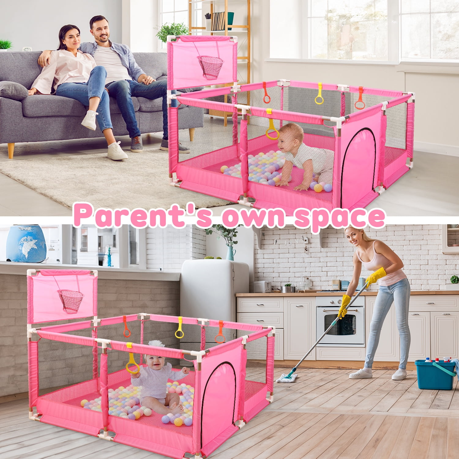 JoyStone 50 x 50 Baby Playpen with 30 Ocean Balls, Soft Mesh Sides, Basketball Hoop & Pull Rings, Indoor Baby Fence for Toddlers, Pink