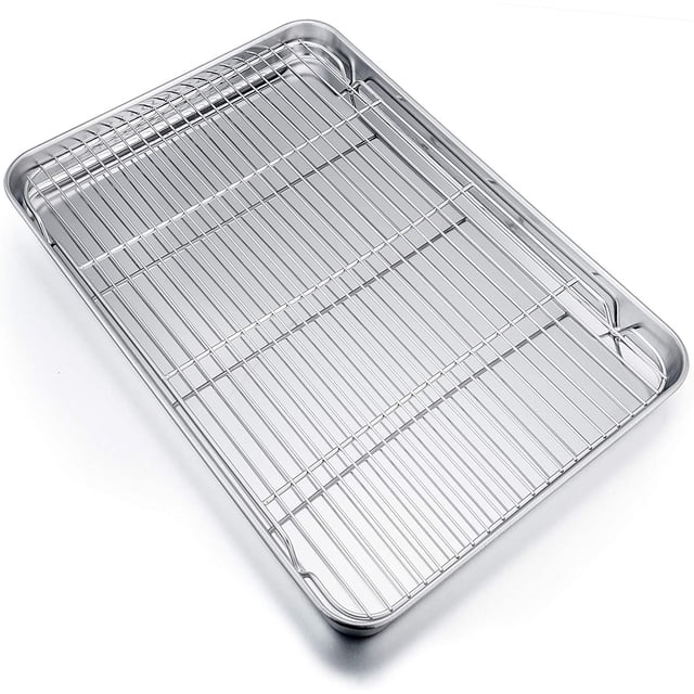 P&P CHEF Extra Large Baking Sheet and Rack Set, Stainless Steel Cookie Sheet Baking Pan with Cooling Rack, Rectangle 19.6''x13.5''x1.2'', Oven & Dishwasher Safe -Half Size