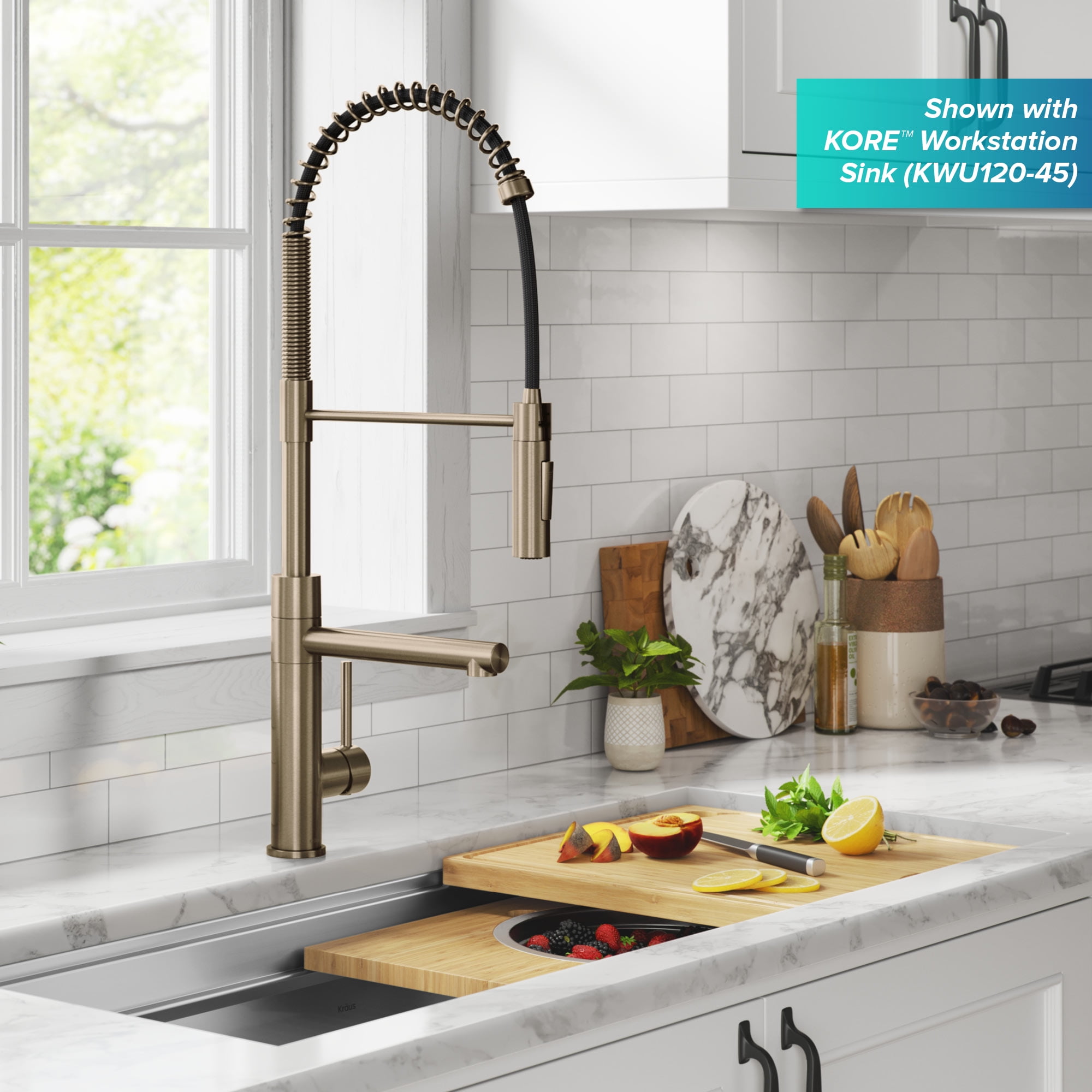 Kraus Artec Pro Commercial Style Pull-Down Single Handle Kitchen Faucet with Pot Filler in Spot Free Antique Champagne Bronze