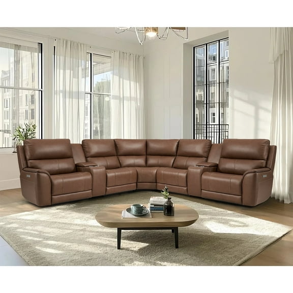 136" Leather Reclining Sectional, 3 Power Recliners, Adjustable Lumbar Support & Headrest, Double Width