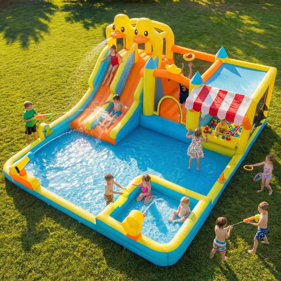 KloKick Cute Duck Inflatable Water Park with Dual Pools, Slide, Basketball Hoop & 2 Water Guns