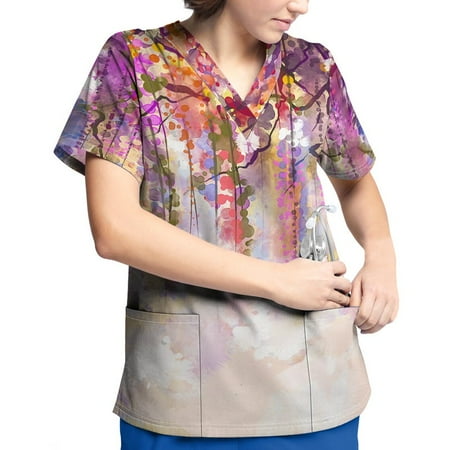 

Hanas Tops Plus Size Printed Scrub Working Uniform Tops For Women V-Neck Short Sleeve T-Shirts Workwear Tee With Pockets Pink/XL