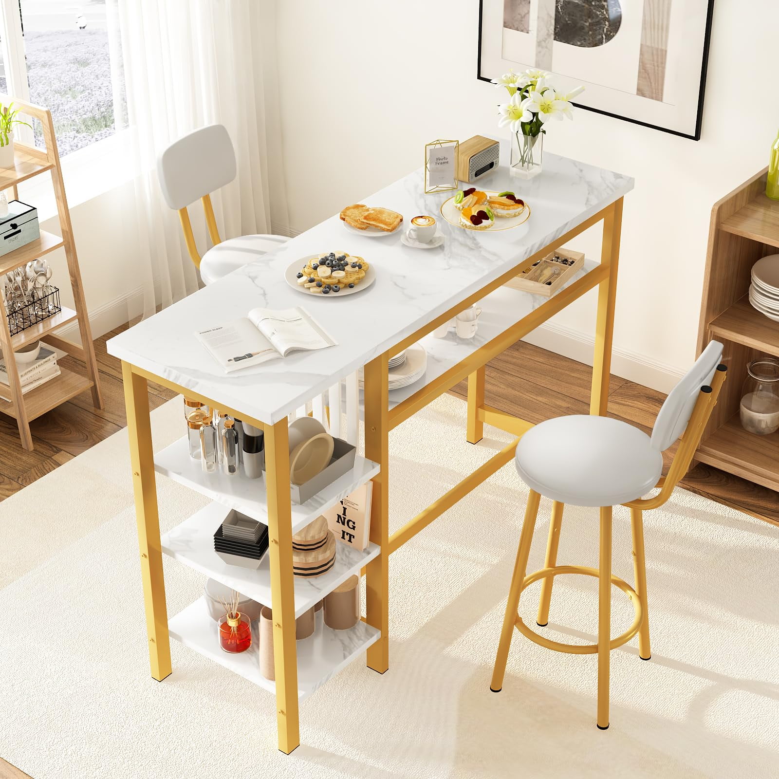 Lamerge Bar Dining Table Set for 2, 3 Piece Bar Table and Chairs Set, Kitchen Counter Height Dining Table Set, Small Kitchen Bar Table with Storage, Breakfast Nook Set for Small Space, White+Gold