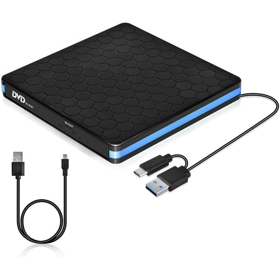 CD Drive, External CD ROM DVD Drive CD DVD Burner Optical Drive for Laptop Portable USB Disk Drive Disc Reader, Compatible with Laptop Desktop PC Windows Linux OS Apple Mac（Black   blue）
