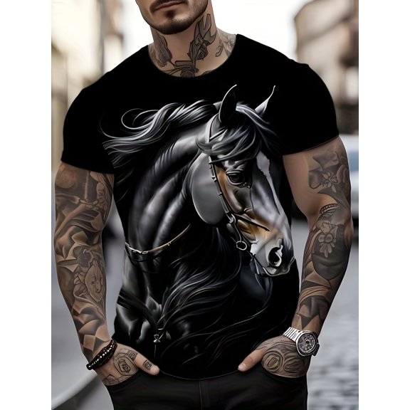 Men's animal horse pattern T-shirt, horse print short-sleeved round-neck shirt, cute and humorous 3D digital printed T-shirt