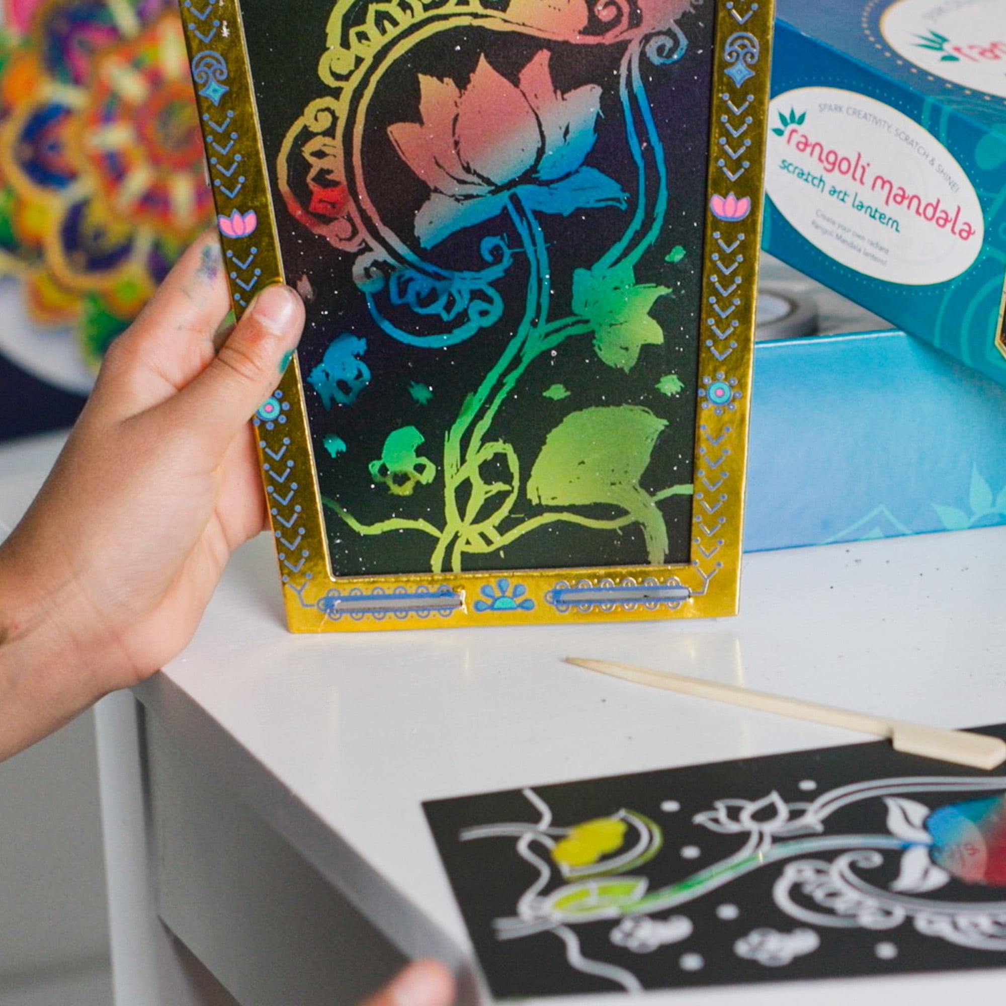 Kulture Khazana: Rangoli Mandala Scratch Art Lantern - DIY Craft Kit, LED Candle, 12" Tall, India & South Asian Culture Activity Kit, Kids Ages 6+