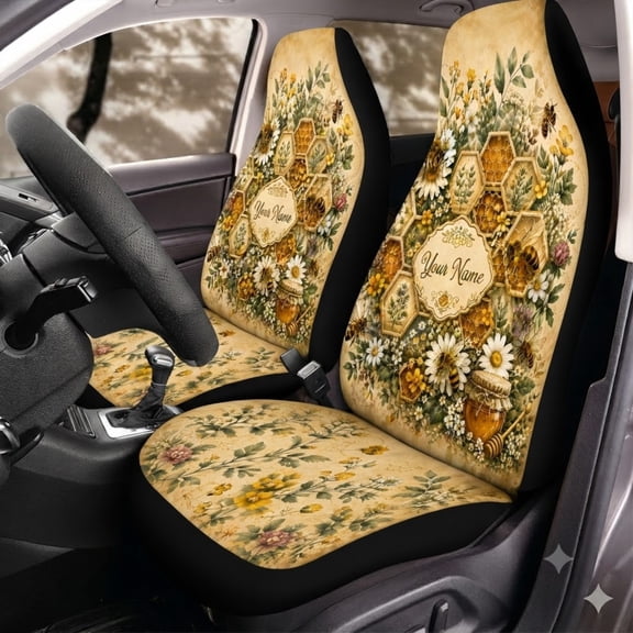 Emacom Ltd Custom Honey Bee Car Seat Covers, Daisy Wildflower Honeycomb Auto Seat Protectors, Cottagecore Bee Car Interior Decor
