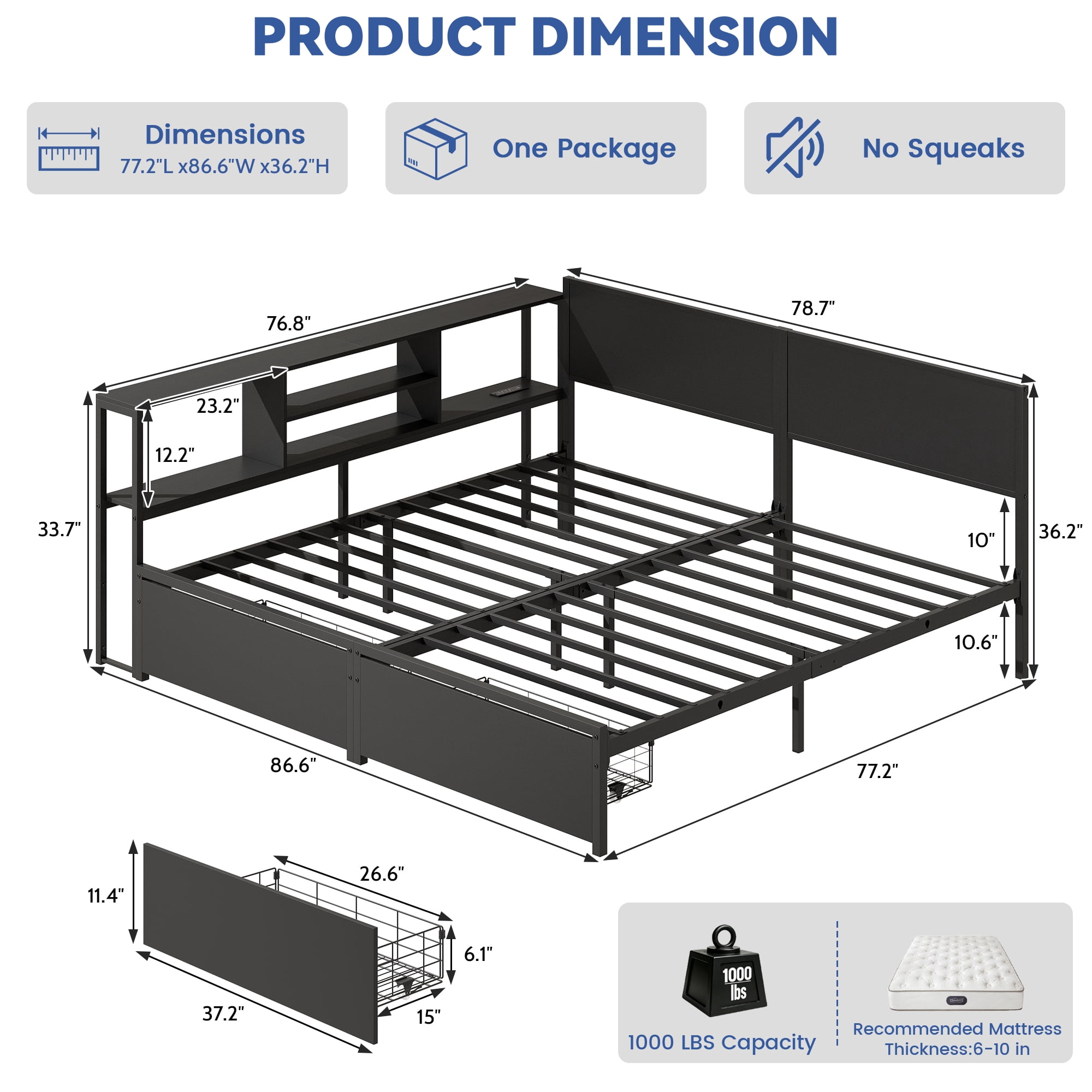Miniyam King Size Bed Frame with Storage, 2-in-1 Convertible Twin Beds, LED & Charging Station, Gray