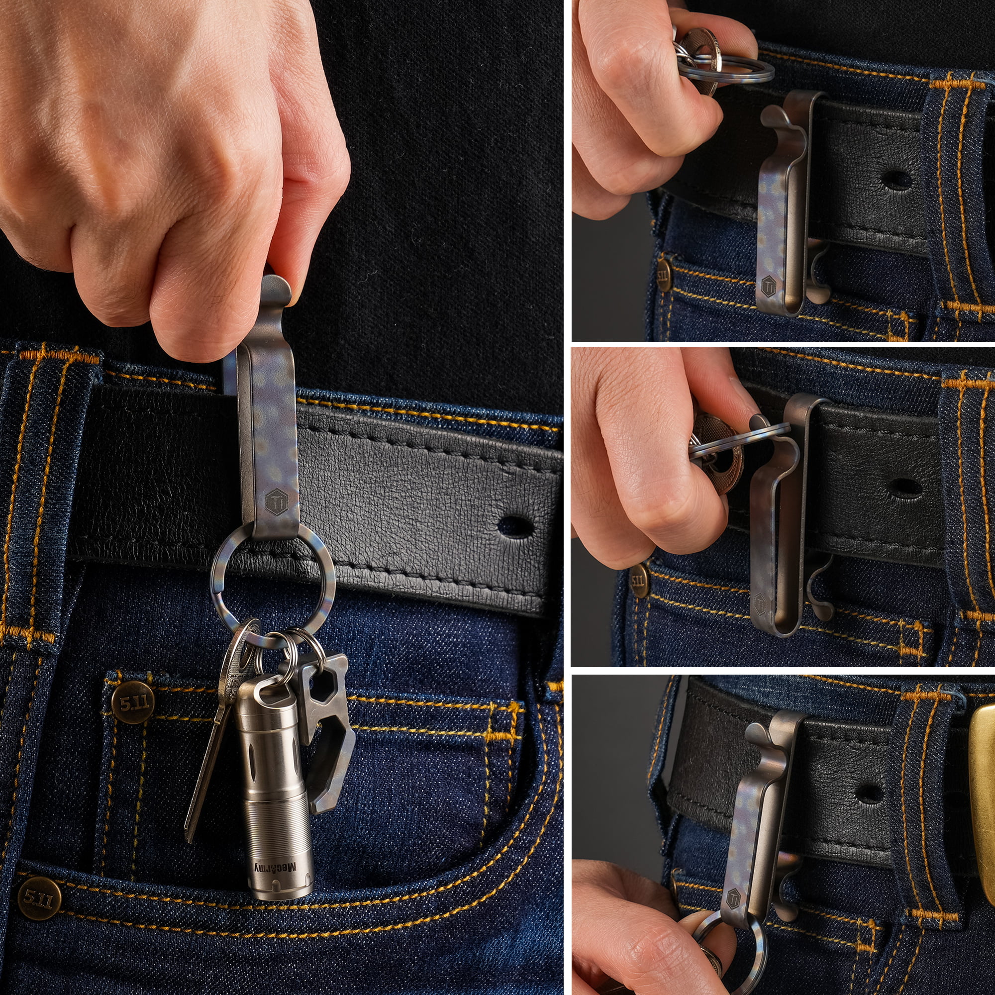 KeyUnity Belt Key Clip, Titanium Double Side Quick Release Key Holder with Detachable Keyring for Belt Pants Loop Pocket, Km00, Blue, Adult Unisex