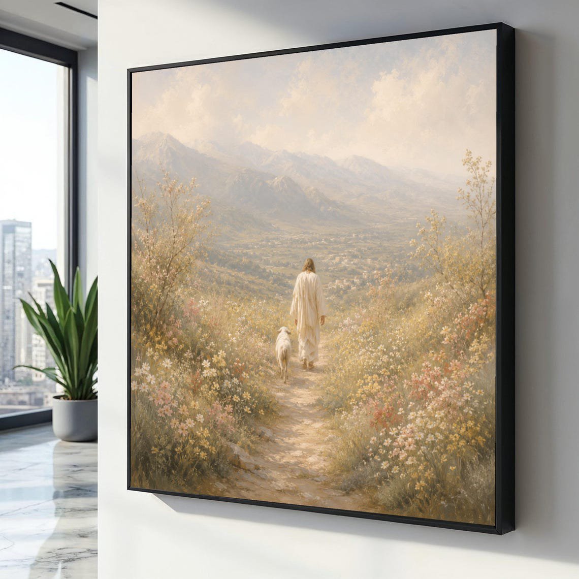 Jesus Walking Path Spiritual Landscape Wall Inspirational Religious Serene Nature Scene Faith Home Decoration Wall Art
