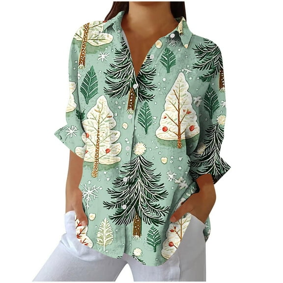 Long Sleeve Button Up for Women Plus Size Graphic Print Lapel Collared Blouses Casual Christmas Holiday Outfits (XL, Green)