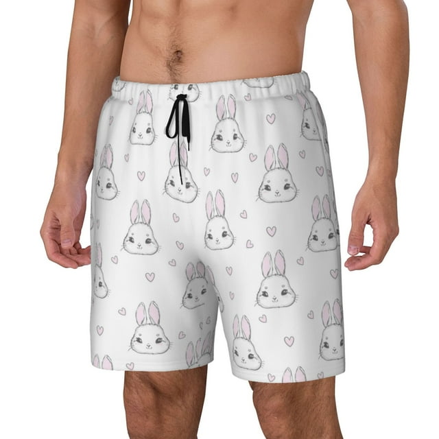 Balery Heart Rabbit Bañador para hombre, shorts de playa de secado rápido con entrepierna y forro de compresión-Large