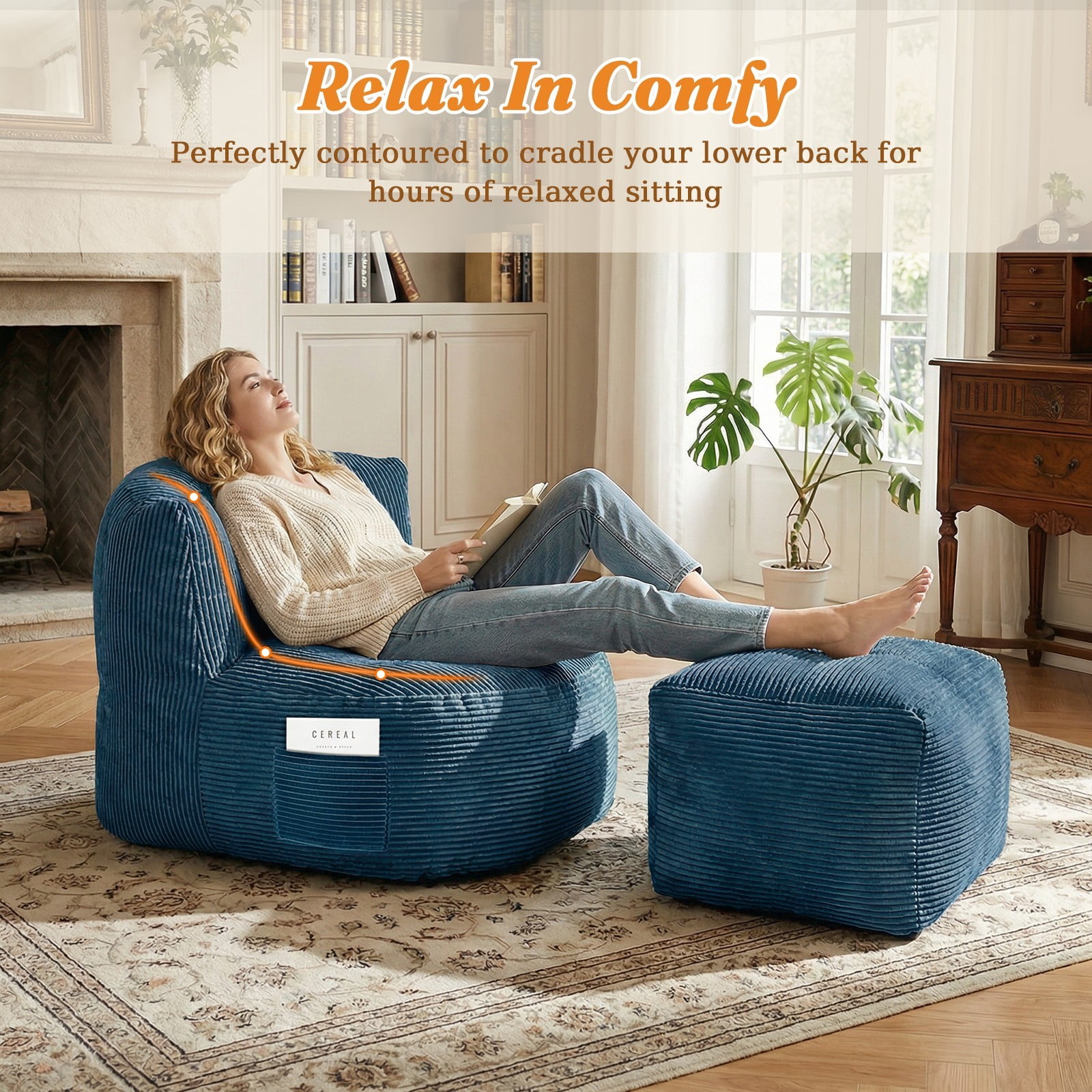 TOPCHANCES Large Bean Bag Chair for Adults, Crushed Foam Floor Chair with Storage Pocket & Carry Handle,  Indoor Lazy Lounger Sofa for Living Room Bedroom, Sea Blue