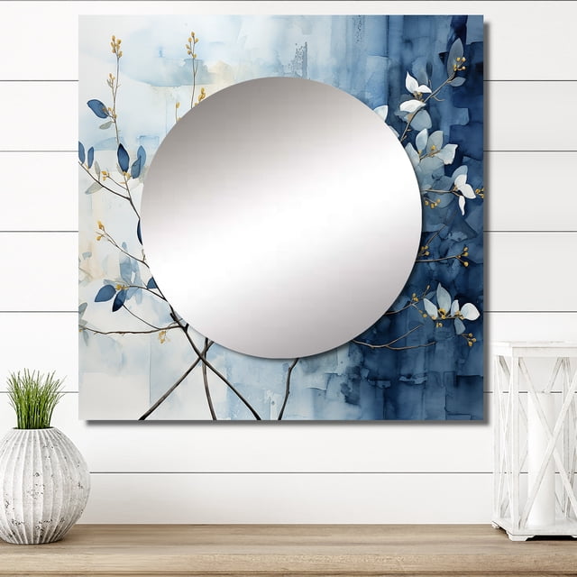 Designart "Blue And Grey Leaves Adorning A Branch" Leaves Square Mirror For Wall Decor - Large Blue Square Mirror Printed Wall Decor - Traditional Square Living Room Mirror