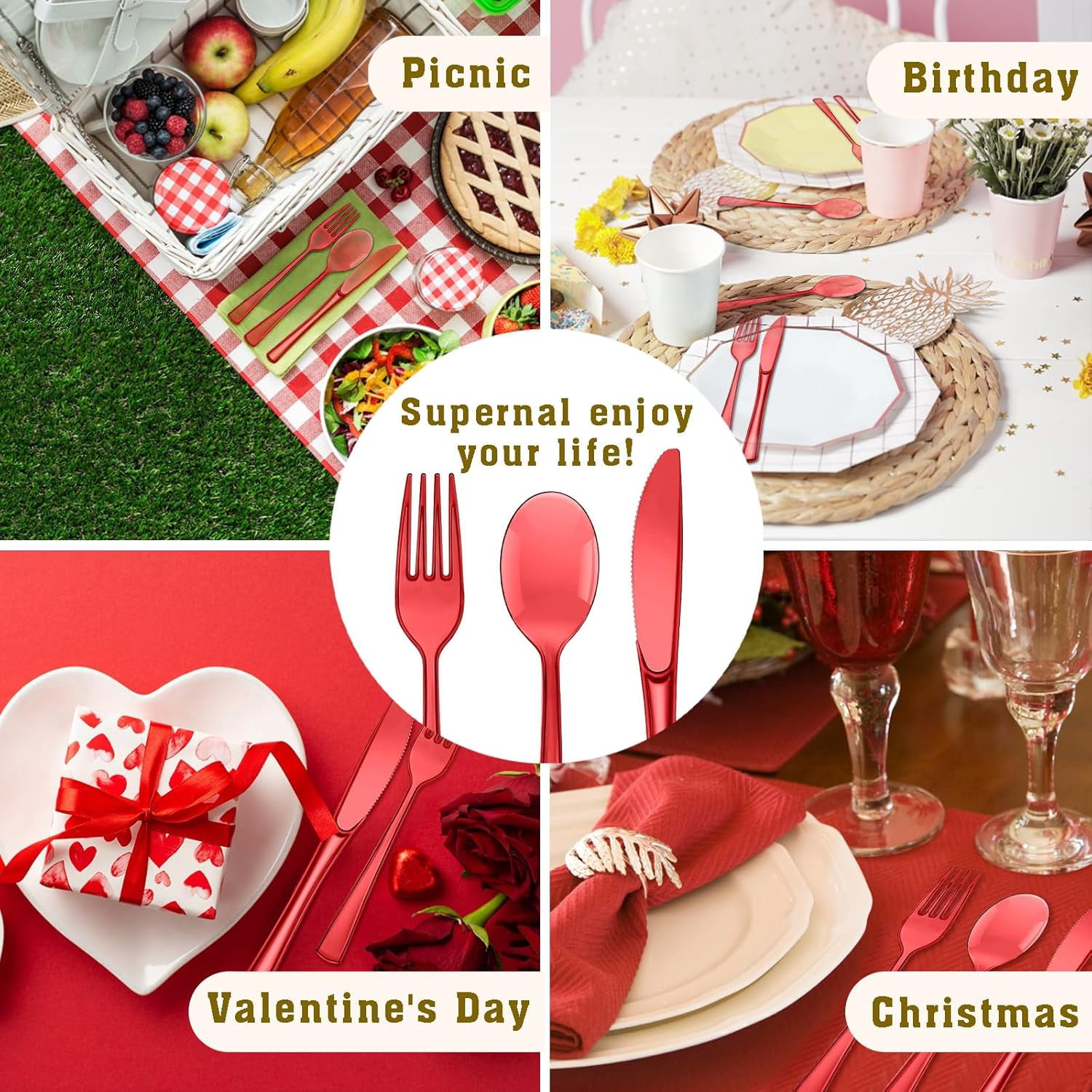 150 Pack Red Plastic Silverware, Red Utensils Heavy Duty, Disposable Plastic Cutlery Include 50 Forks, 50 Spoons, 50 Knives for Birthday, Party, Christmas, New Year
