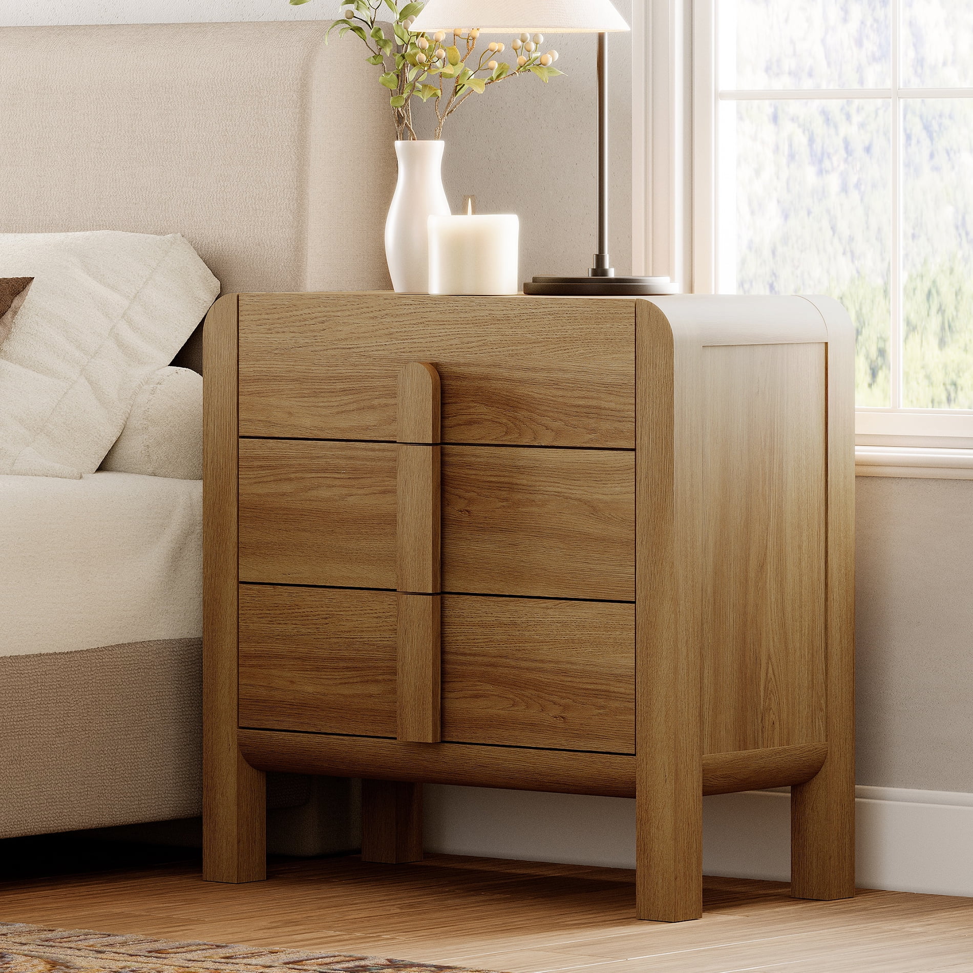 Mid-Century Modern Wood Nightstand with 3 Drawers ,31.5" Large End Table,Curved Bedside Table Storage Cabinet for Bedroom, Living Room,Entryway