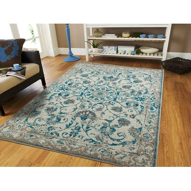 Century Traditional Hand-Carved Blue Area Rugs, 5" x 7", Stain Resistant