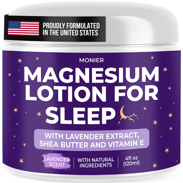 MONIER Loción de magnesio para dormir - Aplicar en piernas, brazos o pecho - Crema relajante de magnesio con manteca de karité de lavanda y aloe vera - Ingredientes naturales - para niños (4 oz de