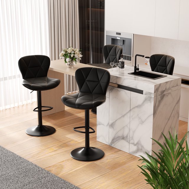 Hawsaiy Modern Bar Stools Set of 4, adjustable faux leather upholstered swivel bar stools in black. These stools feature a 360° swivel, adjustable height (24.8”-33.46”), and ergonomic cushioned seats with backrests for comfort. Displayed in a modern kitchen with a marble island and wooden flooring, they complement contemporary interiors.