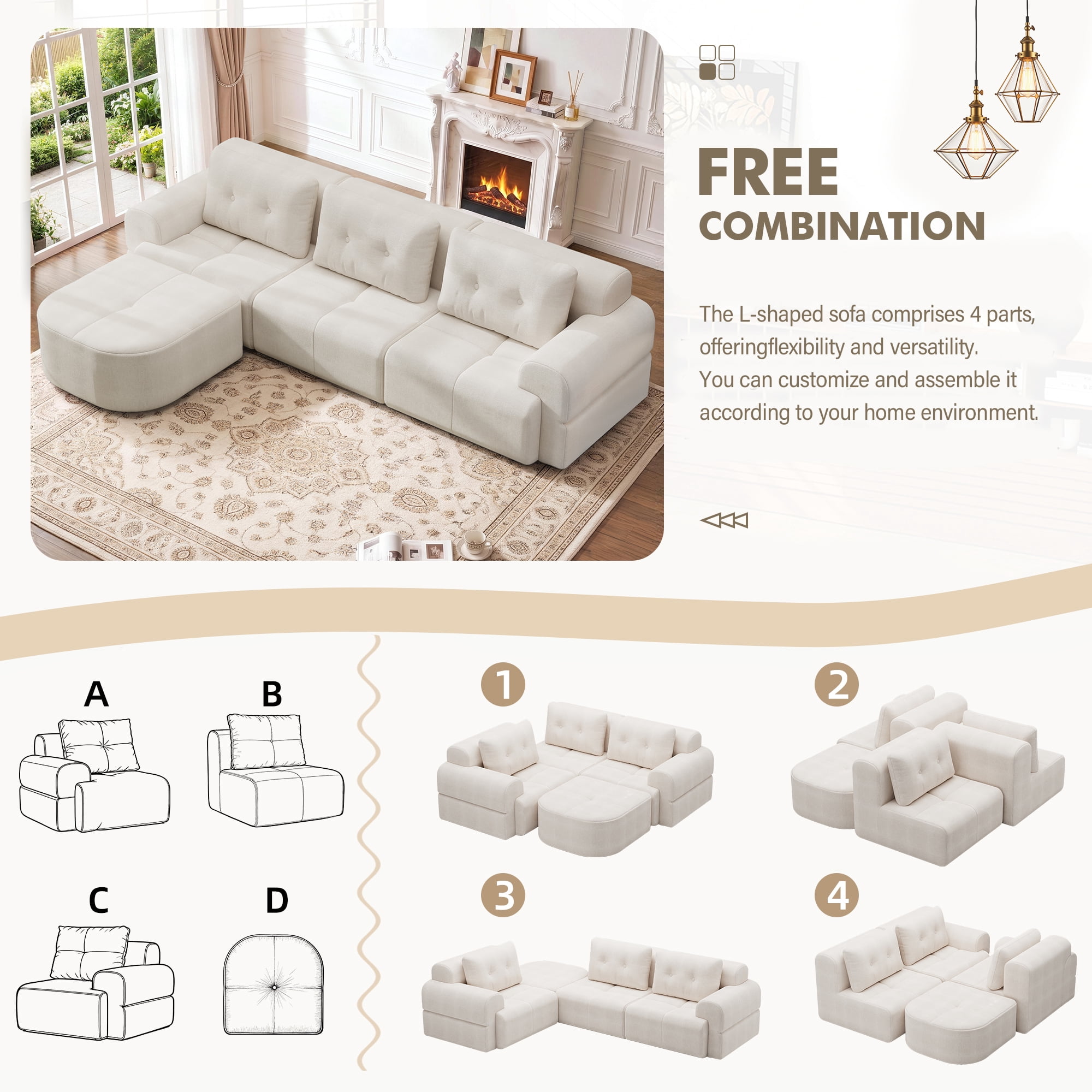 Aukfa 112" Modular Sectional Sofa with Chaise, Full-Foam Boneless Cloud Couch, Woven Chenille Oversized Deep Seat Sofa with 3 Pillows for Living Room, Beige