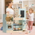 thumbnail image 3 of Robud Kids Grocery Store Playset Wooden Pretend Play Supermarket with Cash Register & Vending Coffee & Food Prep Machine Toy for Toddler 3+,Blue, 3 of 10
