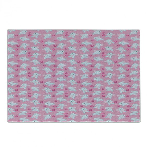 Animal Cutting Board, Girls Design Pattern with Happy Animals Joyful Fun Playing Dots, Decorative Tempered Glass Cutting and Serving Board, Small Size, Pale Blue Pink, by Ambesonne