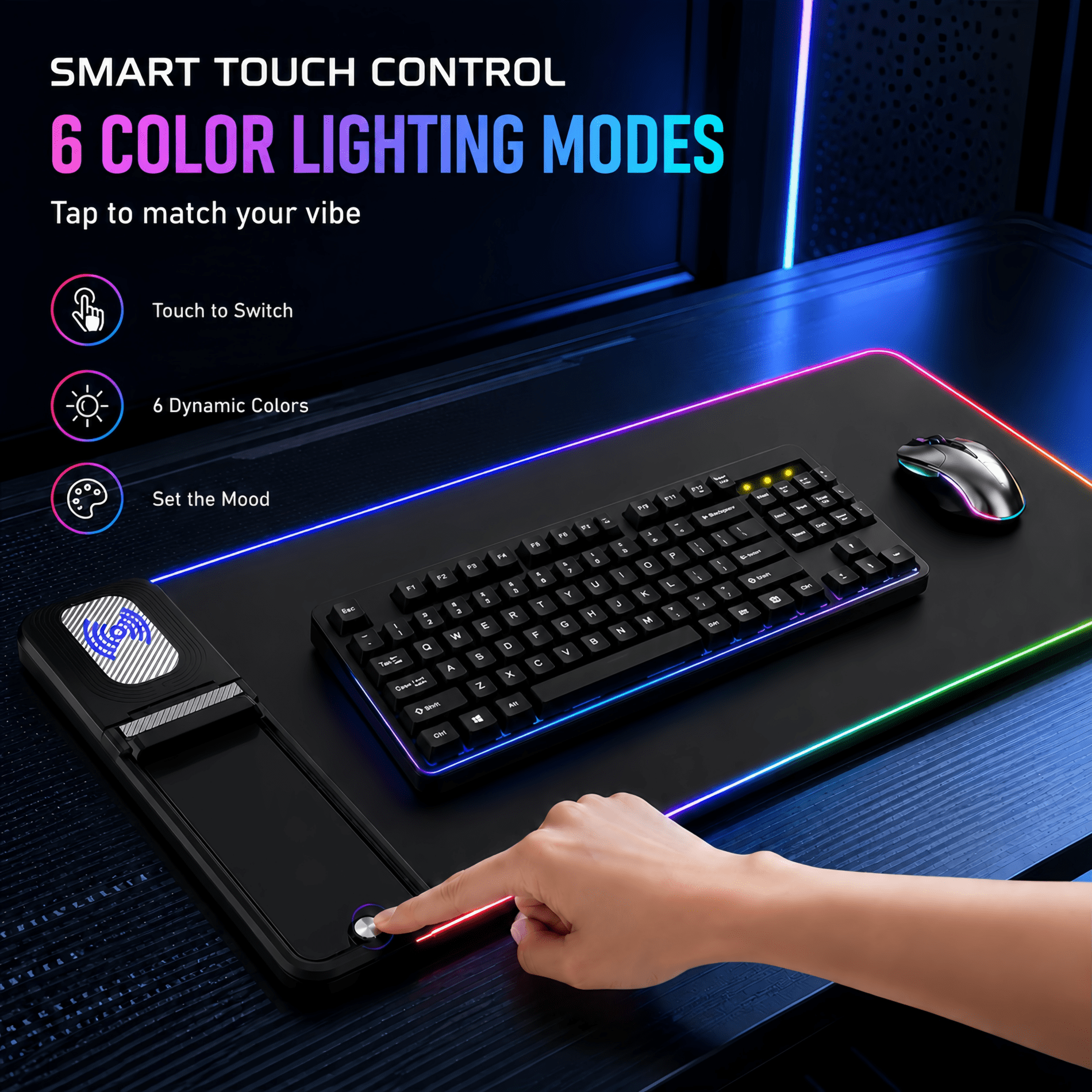 RGB Gaming Mouse Pad with Wireless Charging 15W,Large Laptop Led Mouse Pad,6 Light Modes Keyboard Pad with Phone Holder & Non-Slip Rubber Base,Waterproof Mousepad for Gaming Home Office