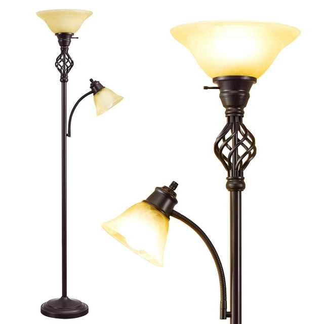 NATYSWAN Standing Lamp with Adjustable Side Reading Light, Floor Lamps for Living Room with Glass Shade 72-Inch Torchiere Tall Lamps Decor for Bedroom Living Room Den Office (Bulb Included)