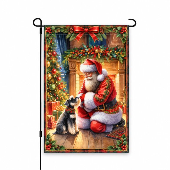 Decorative Christmas Garden Flag 12x18 Inch - Santa with Dog by Fireplace, Holiday Outdoor Yard Flag, Festive Lawn and Patio Decor, Seasonal Display