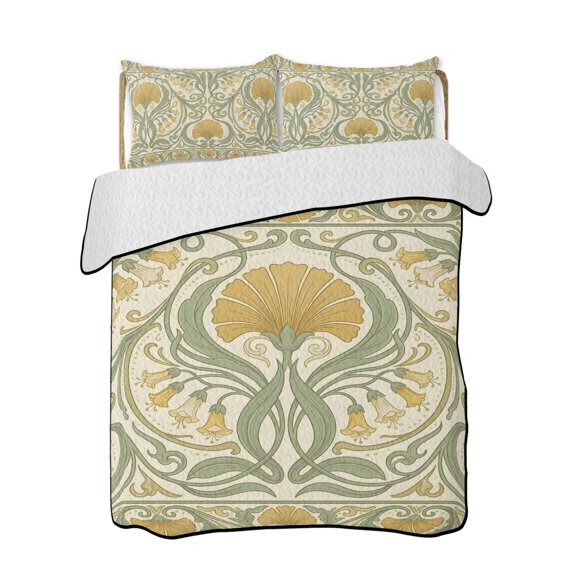 Quilt King Size Bedding Set, Yellow Green Floral Reversible Summer Quilt 3 Pieces, Vintage Classic Flowers Botanical Lightweight Bedspreads Coverlets with 2 Pillow Shams for All Seasons