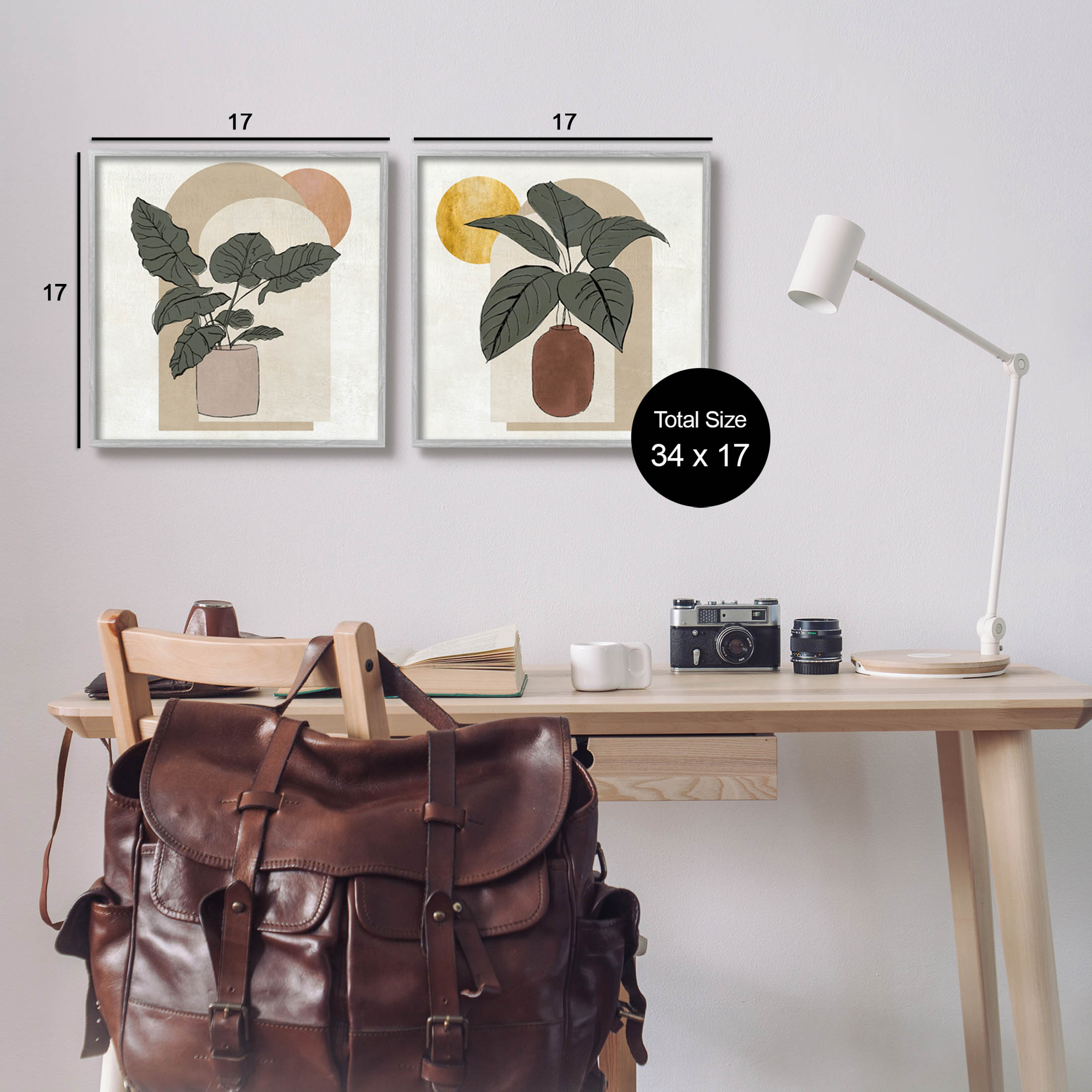 Potted Plant Leaves Geometric Shapes Botanical & Floral Graphic Art Gray Framed Art Print Wall Art, Set of 2