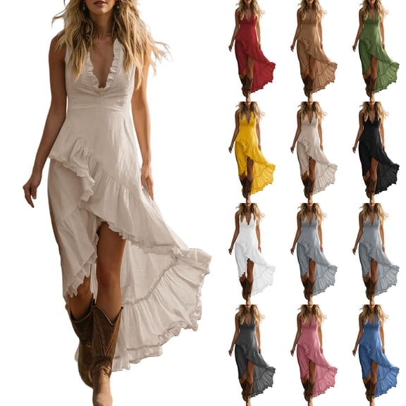 ShomPort Womens Summer Dresses Flowy Ruffle Hem Deep V Neck Sleeveless Elegant Vacation Boho Sundresses
