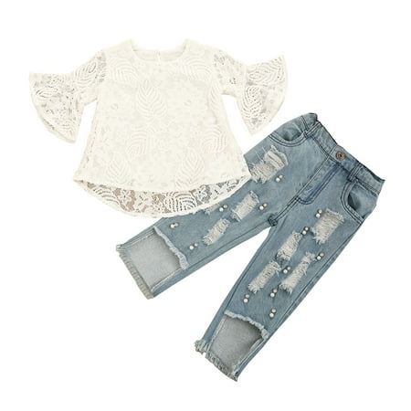 

Baby Girls Summer Clothes Lace Shirt Ruffle Blouse Top Destroyed Denim Pants Toddler Ripped Jeans Outfits