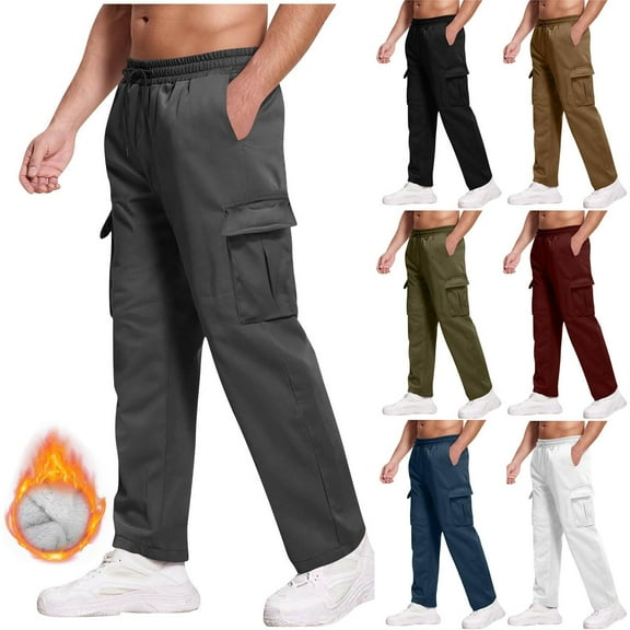 Bovxnpu Mens Plus Size Pants Men's Cargo Pants Fleece Lined Straight Leg Trousers with Elastic Waist and Pockets for Outdoor and Cold Weather
