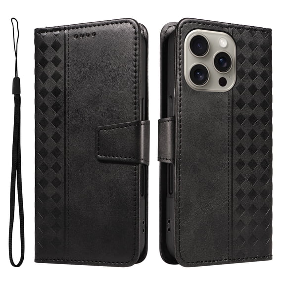 Allytechgroup Case for iPhone 11 Pro Max, Flip Stand Embossed PU Leather Wallet Cover with Cash Pockets/ Credit Card Slots/ Wrist Strap Lanyard/Magnetic Clasp Kickstand Soft TPU Back Shell, Black