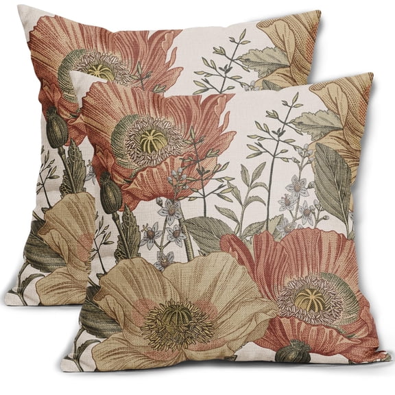Vintage Flower Throw Pillow Covers 20x20 Brown Rust Colored Floral Botanical Pattern