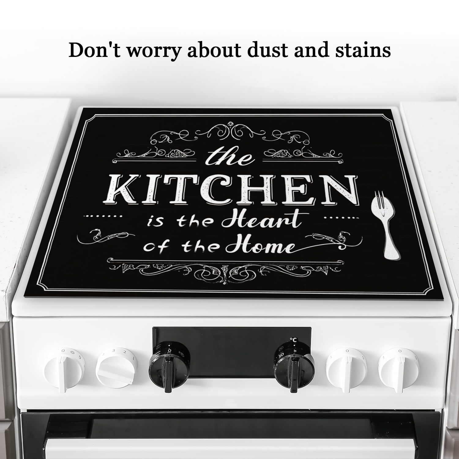 Square Ceramic Stove Top Cover, Spoon on Black Canvas Kitchen is The Heart of The Home Waterproof Stovetop Protector Mat, Multipurpose Foldable Pad for Kitchen RV (28×20 Inch)