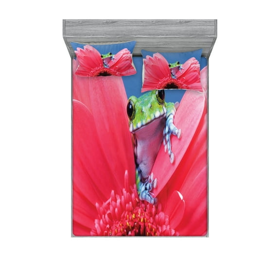 Ambesonne Nature Fitted Sheet & Pillow Sham Set, Frog on Gabera Flower, Queen, Pink Green Blue