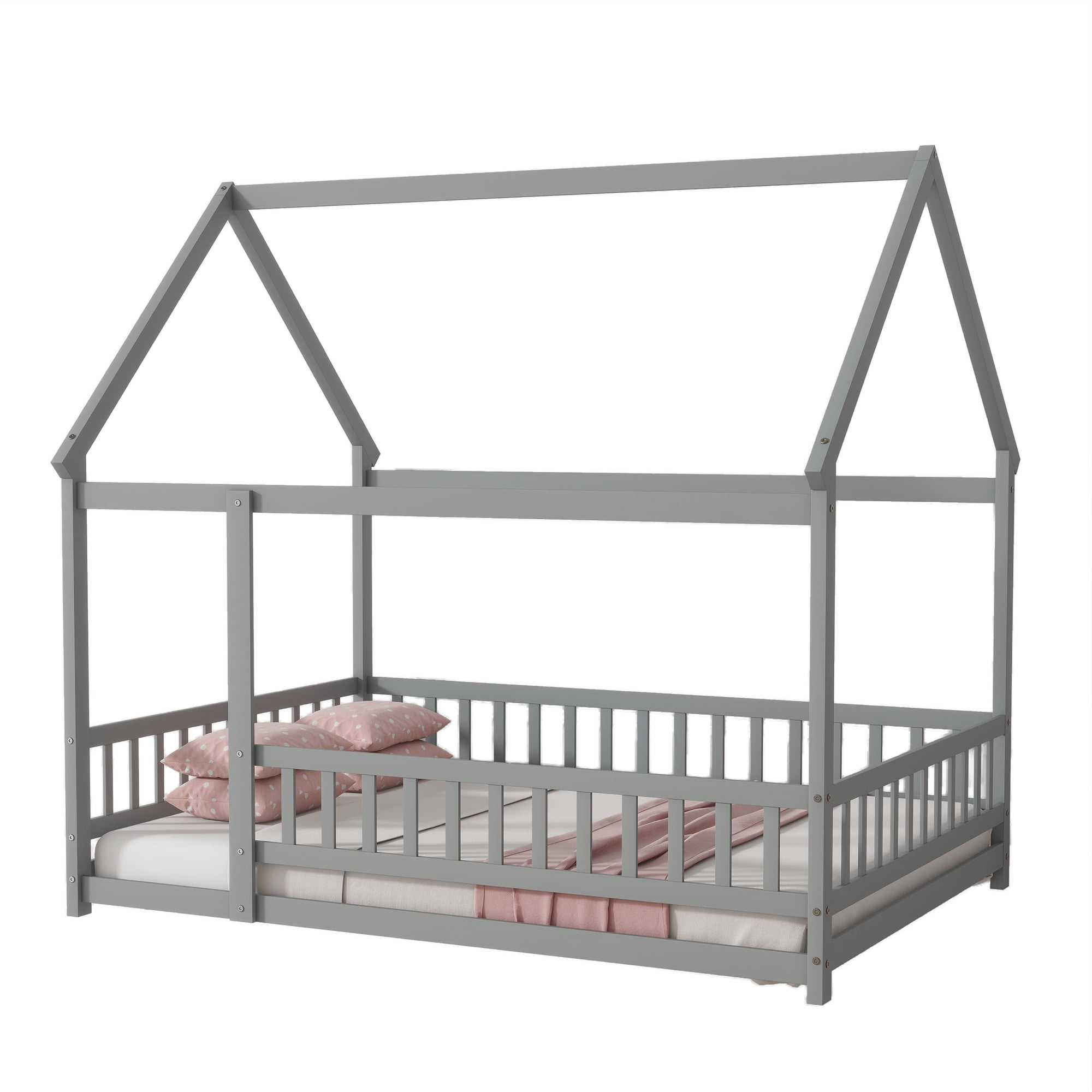Sailvan Full Size House Floor Wooden Bed with Roof Frame, Safety Guardrails