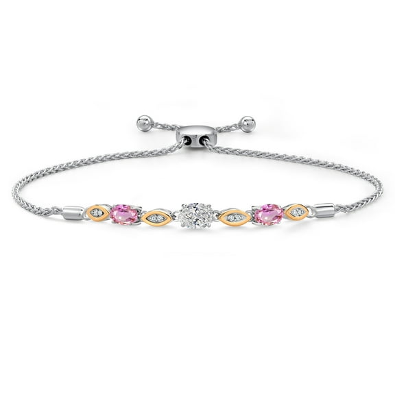 Gem Stone King 1.90 Ct DEF Lab Grown Diamond Pink Sapphire 925 Silver and 10K Yellow Gold Bracelet
