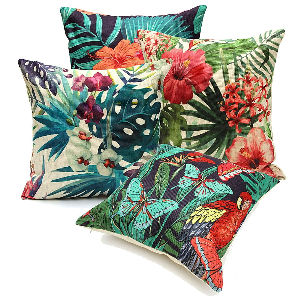 Tropical Plant Flamingo Couch Cushion Pillow Covers 18x18 Square