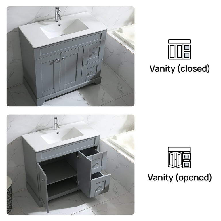 Walcut 36 Inch Bathroom Vanity with Sink, Gray Bathroom Vanities Modern  Wood Cabinet Basin Vessel Sink Set with Mirror, Chrome Faucet, P-Trap 