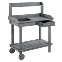 Potting Bench with Wheels, Outdoor Garden Work Table with Sink & Storage - Gray Fir Wood