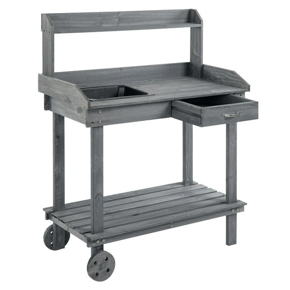 Potting Bench with Wheels, Outdoor Garden Work Table with Sink & Storage - Gray Fir Wood