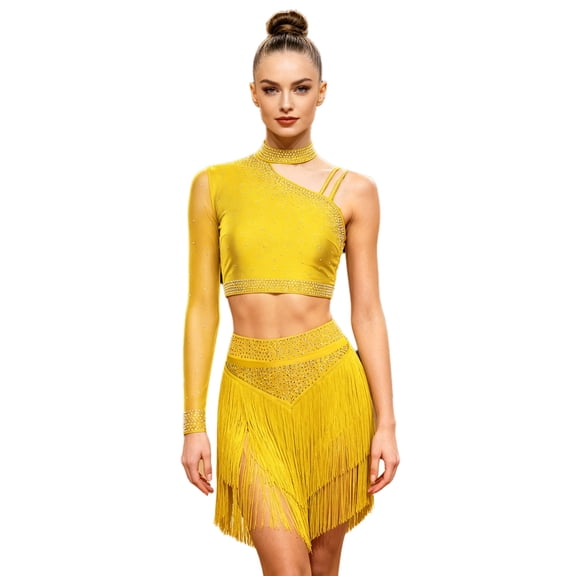 MSemis Women Single Sleeve Rhinestone Crop Top and Skirt Yellow S