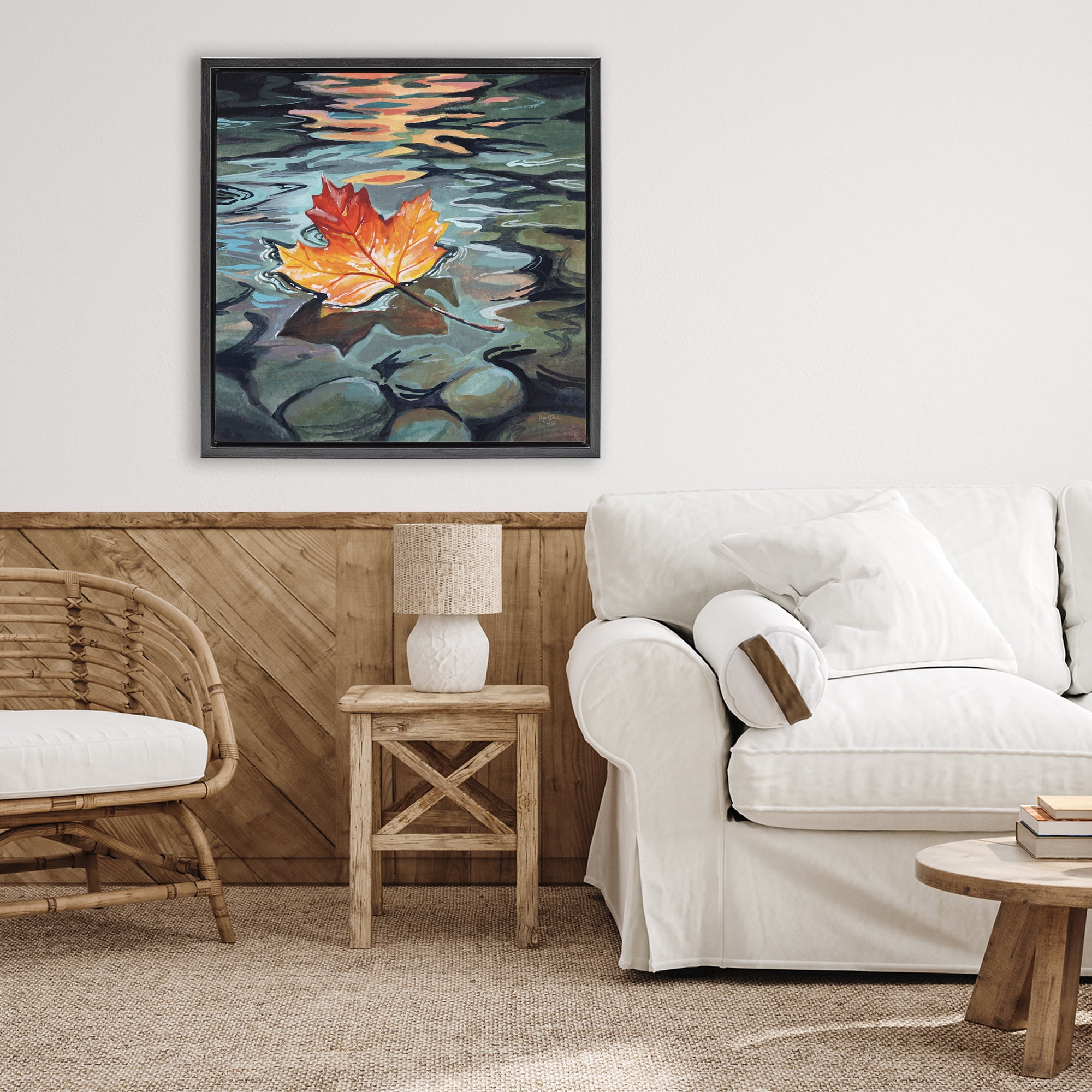 Stupell Industries Maple Leaf Floating in Stream Black Framed Floater Canvas Wall Art, design by Kate Jarvik Birch
