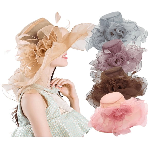 Yoyauz Women Sun Hat with Mesh Flower Decoration Wide Brim Hat Occasion Event Organza Fancy Church Dress Hat