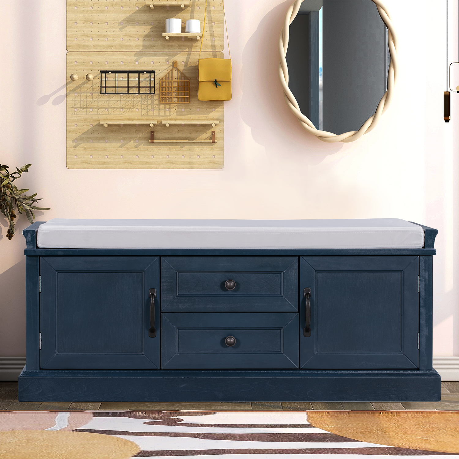 Wood Storage Bench with Removable Seat Cushion, 2 Drawers and 2